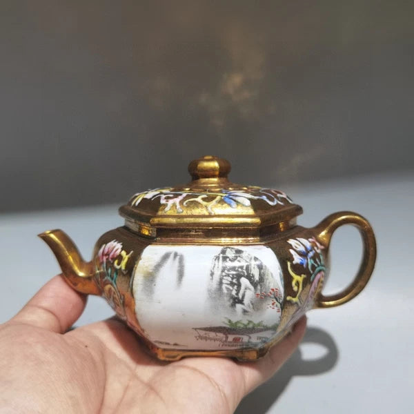 Chinese Clay Pot Traditional Tea Pots Strainer Vintage Art Deco Gilded Enamel