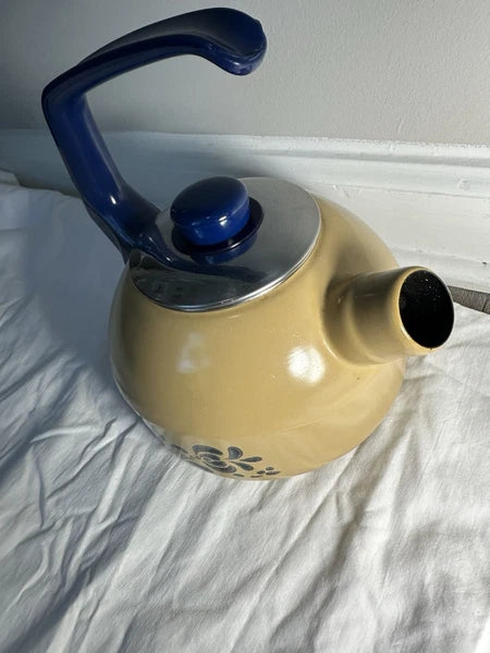 Pfaltzgraff Folk Art Enamel on Metal L Handle Round Tea Kettle