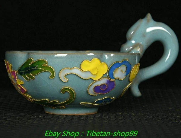 7''Old Song Ru Kiln Enamel Colour Porcelain Crane Wine Cup Tea Pot Flagon Set