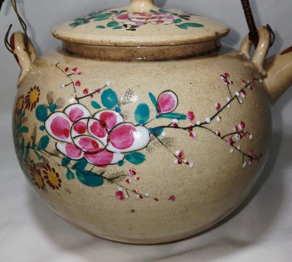 Antique Japanese Yellow Ware Ceramic Famille Rose Raised Enamel Teapot