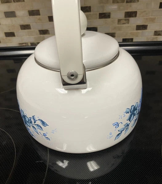 Vintage Enamel Lincoware Tea Pot Kettle White with Plastic Handle-Blue Flowers