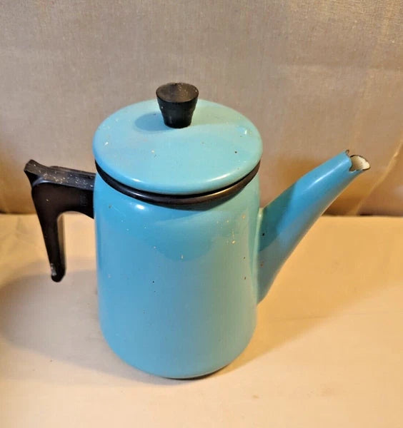 Vintage Robins Egg Blue enamelware  Coffee or Teapot France 9" black Handle.