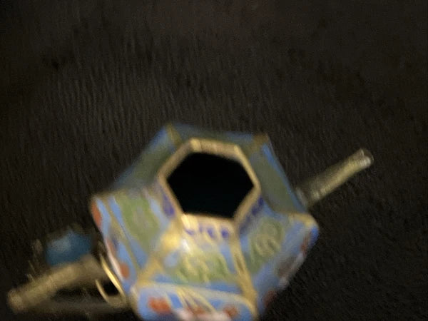 VTG  CLOISONNE ENAMEL ON BRASS HEXAGONAL TEA POT, BIRDS FLORAL pl