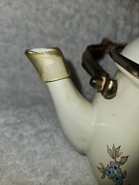 Vintage Saltera Himark Enamel RARE Teapot MCM  Floral Wooden Handle Kettle