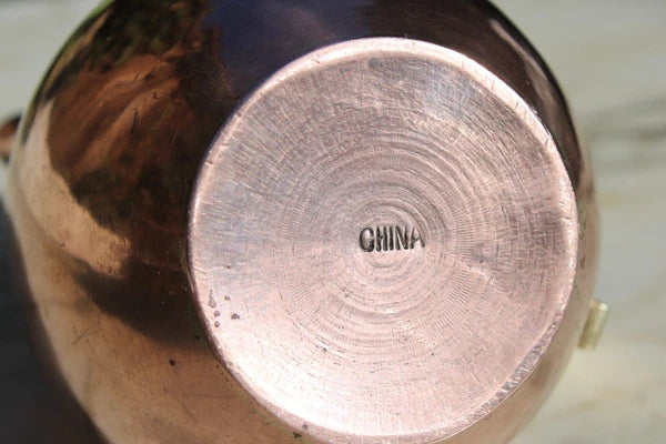 Antique Tea Pot Blue Enamel Chinese Solid Copper w/Brass Handle 6.25" Vintage