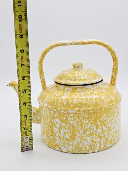 Vtg Yellow White Graniteware Spongeware Teapot Kettle W Lid Cottagecore GUC