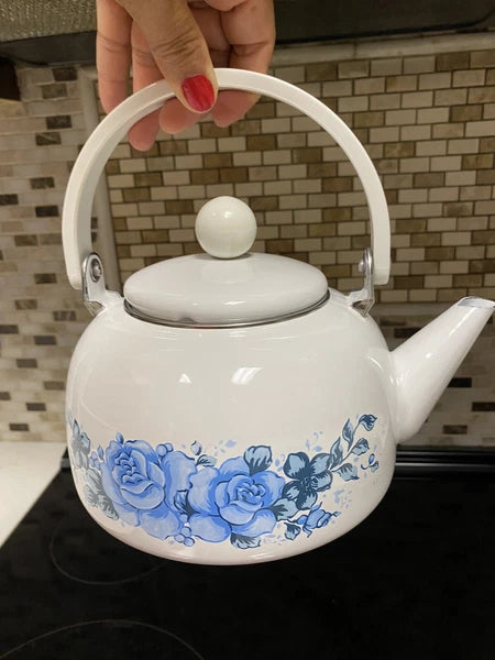 Vintage Enamel Lincoware Tea Pot Kettle White with Plastic Handle-Blue Flowers