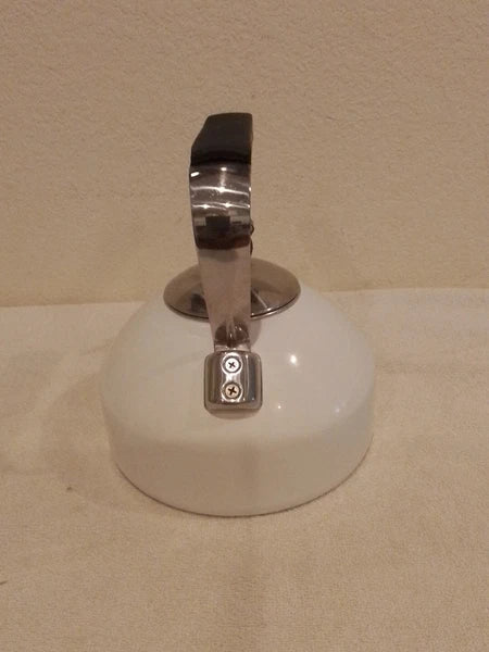 Vintage Whistling White Tea Kettle Tea Pot Enamel On Steel