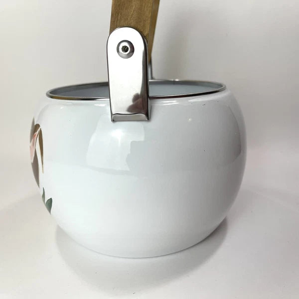 Vtg Enamel Tea Kettle With Pig And Plastic Corn Lid Handle Wood Handle