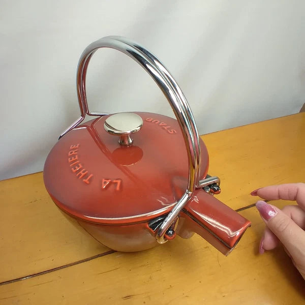 Staub La Theiere French Cast Iron 1 qt Red Tea Kettle Enamel Pot Made in France