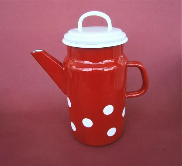 Vintage Munder Email Enamel Tea Pot Red Water Jug with Lid Polka Dots Germany