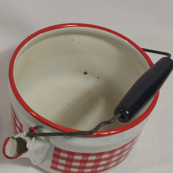 Enamelware Red White Gingham Check Teapot Kettle Metal Rustic Farmhouse Decor