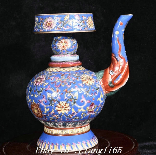 8'' Enamel Colour Porcelain Gilt Dragon Head 8 Auspicious Symbol Tea Pot Flagon-