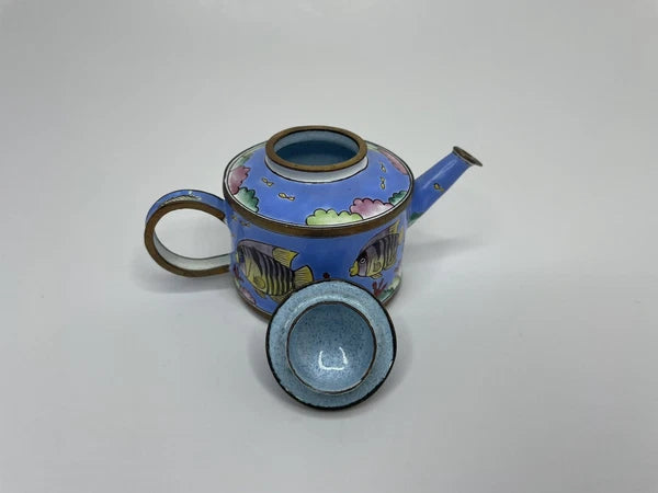 Vintage Blue Tropical Fish Pattern Enamel on Copper Miniature Teapot