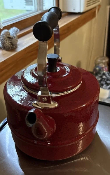 Classic PD Paula Deen Signature Speckled  Burgundy Enamel Tea Pot Kettle!