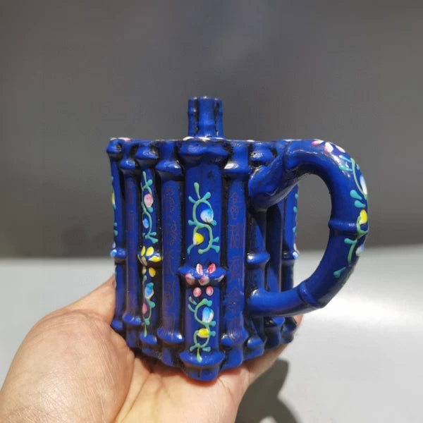 Chinese Clay Pot Purple Sand Fired Bamboo Enamel Square Sculpture Oriental Decor