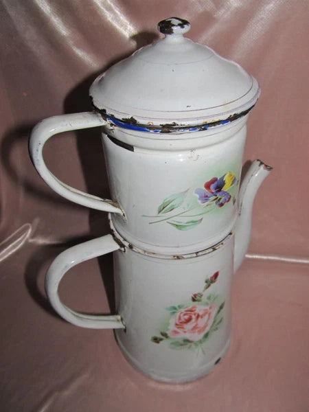 Large White Enamel Coffee Pot With Rose And Pansy Decoration H 36 Cm