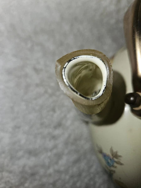 Vintage Saltera Himark Enamel RARE Teapot MCM  Floral Wooden Handle Kettle