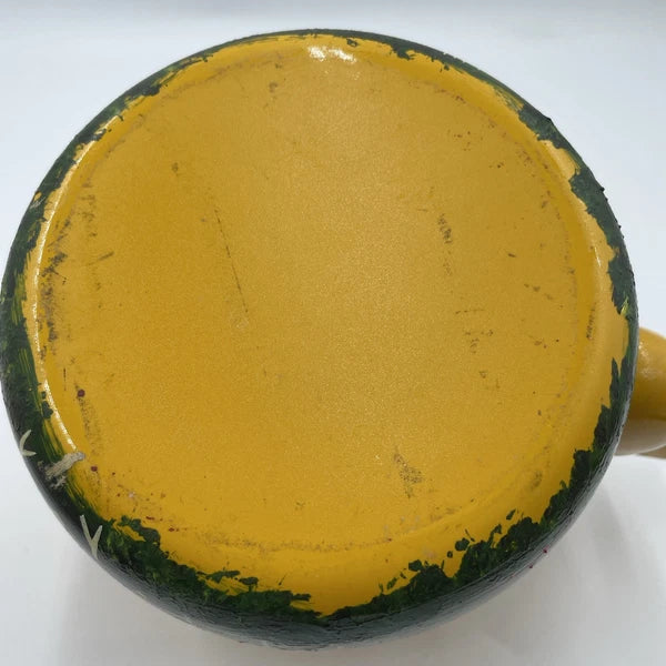 Vtg Hand Painted MCM Yellow Enamel Tea Kettle with Teak Wood Handle and Knob