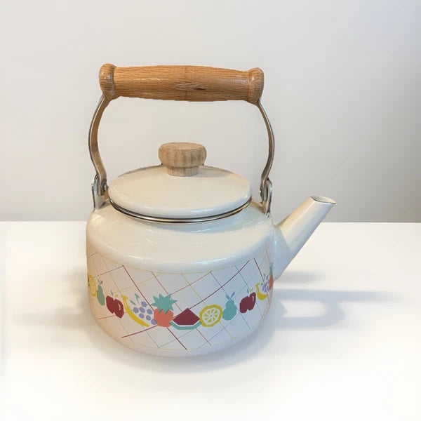 Vintage Lincoware White Enamel Metal Fruit Motif Teapot Tea Kettle Pot Retro