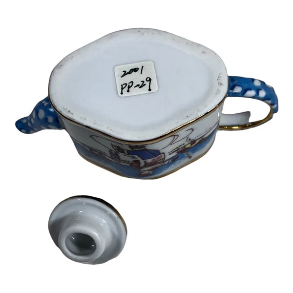 Miniature Ceramic Teapot Snowy Christmas Ice Skating Village Pond Mini Enamel