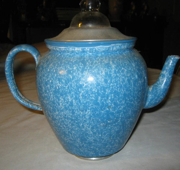 ANTIQUE USA ROBBINS EGG BLUE ENAMEL GRANITEWARE KITCHEN TEA KETTLE PA COFFEE POT