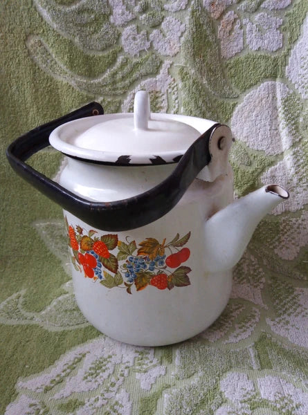 Vintage 70’s Red berries White Enamel Teapot Metal Kettle