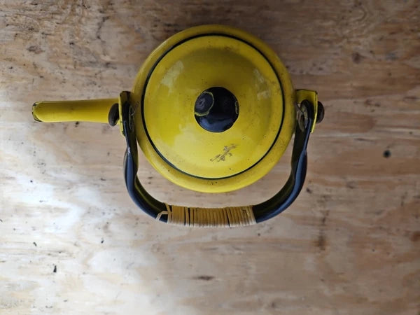 Vintage yellow and black enamel teapot kettle with handle and lid Japan
