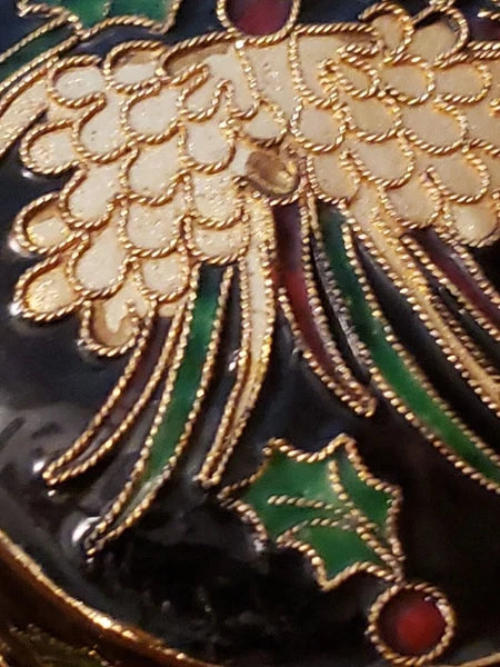 Miniature Decorative Enamel Teapot Black Gold Red Green Cloisonne Holly Berry