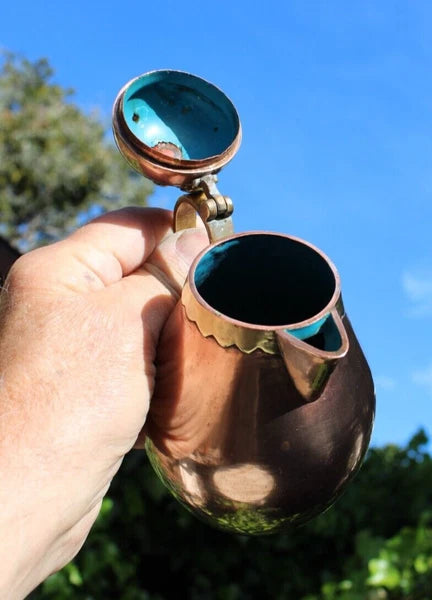 Antique Tea Pot Blue Enamel Chinese Solid Copper w/Brass Handle 6.25" Vintage