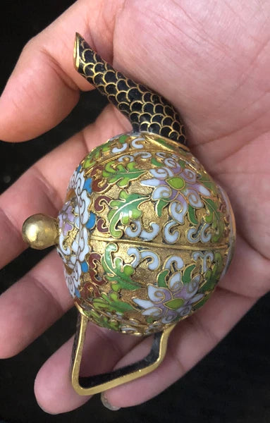 Vintage Cloisonne Enamel and Bronze Small "Pumpkin" Teapot, Black Tip, Pink Top