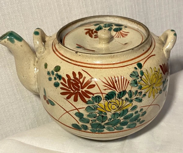 Antique Japanese Yellow Ware Ceramic Famille Rose Raised Enamel Teapot Signed