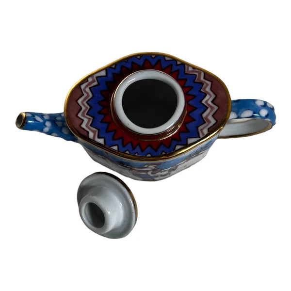 Miniature Ceramic Teapot Snowy Christmas Ice Skating Village Pond Mini Enamel