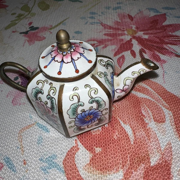 Mini Chinese Cloisonné Enameled Floral Glaze White Blue Pink Teapot 4” L - 3” H