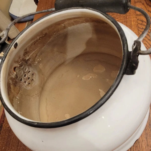 Vintage Enamelware Tea Kettle White Black