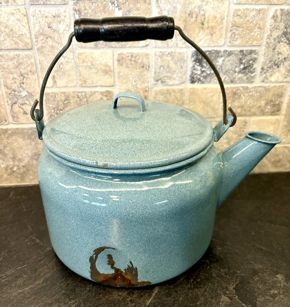 Large Blue Spatterware Enamel Tea Kettle