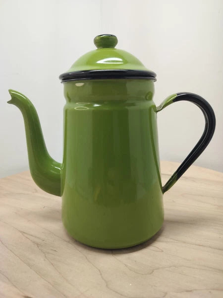 VTG 1950 AVOCADO GREEN & BLACK ENAMEL TEA KETTLE / COFFEE POT BY OTTO MADE JAPAN