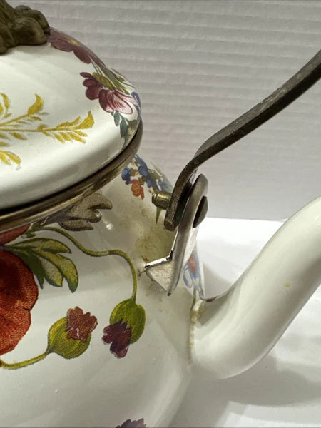 MacKenzie-Childs White Flower Market 3 Quart Qt Tea Kettle Enamel Teapot