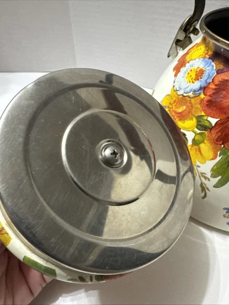 MacKenzie-Childs White Flower Market 3 Quart Qt Tea Kettle Enamel Teapot