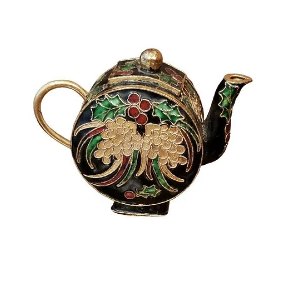 Miniature Decorative Enamel Teapot Black Gold Red Green Cloisonne Holly Berry