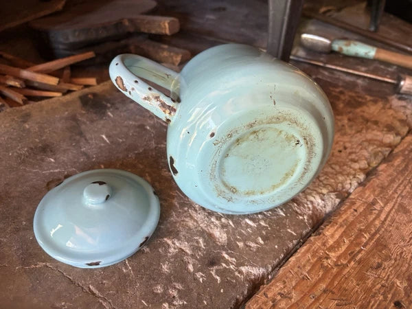 Vintage Enamelware Light Blue Tea Pot Enamel Pitcher Shabby Home Decor