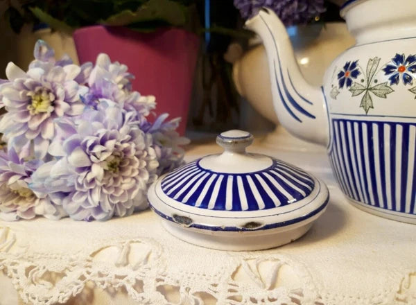 RARE antique enameled french teapot BB freres blue flowers stripes 1930 Art Deco