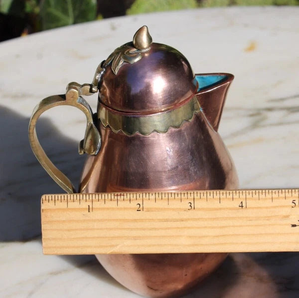 Antique Tea Pot Blue Enamel Chinese Solid Copper w/Brass Handle 6.25" Vintage