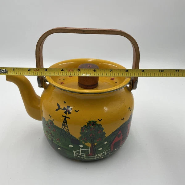 Vtg Hand Painted MCM Yellow Enamel Tea Kettle with Teak Wood Handle and Knob