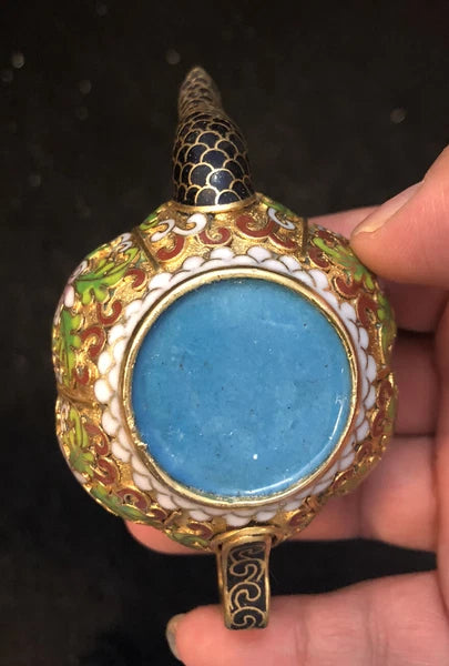 Vintage Cloisonne Enamel and Bronze Small "Pumpkin" Teapot, Black Tip, Pink Top