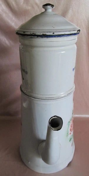 Large White Enamel Coffee Pot With Rose And Pansy Decoration H 36 Cm