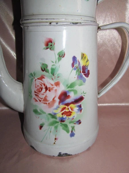 Large White Enamel Coffee Pot With Rose And Pansy Decoration H 36 Cm