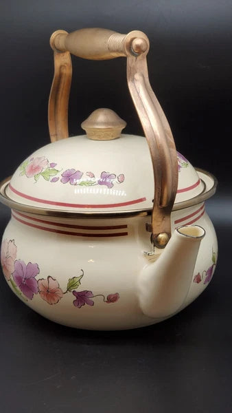 Tea Kettle Purple & Pink Flowers Brass Handle Porcelain Granny Core Cottage Core