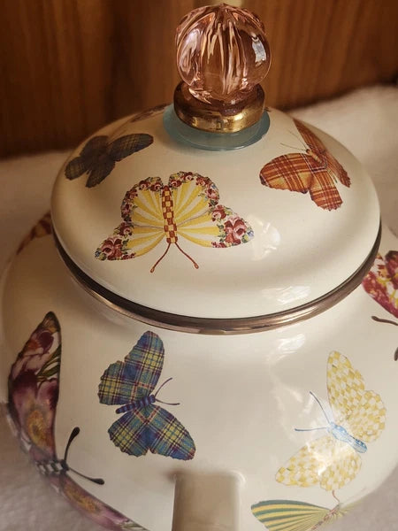 Retired - Mackenzie Childs White Butterfly Garden 4 Cup Teapot NWOT