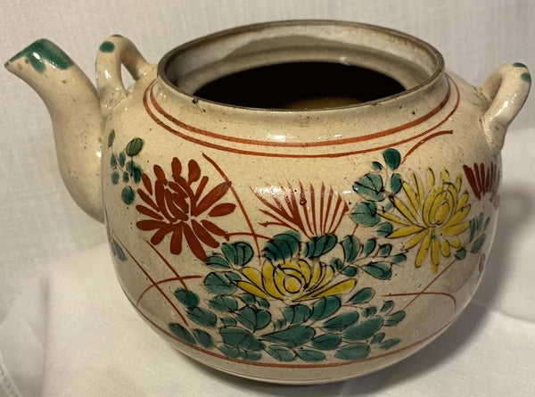 Antique Japanese Yellow Ware Ceramic Famille Rose Raised Enamel Teapot Signed